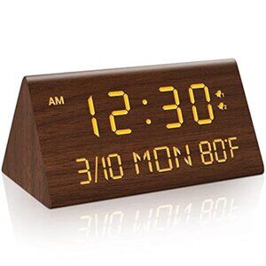 Wooden Digital Alarm Clock Dual USB Charging Dimmer Snooze Time Date Temperature